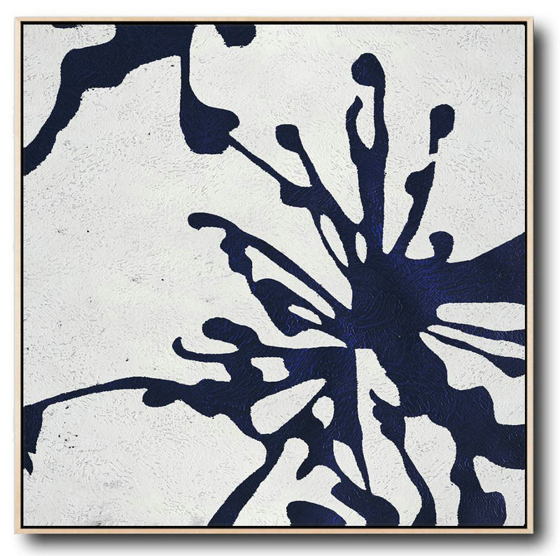 Buy Large Canvas Art Online - Hand Painted Navy Minimalist Painting On Canvas,Modern Abstract Wall Art #R4A2